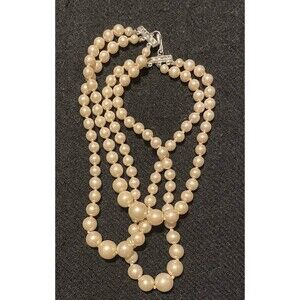 Three Strand Costume Jewelry Faux Pearl Choker Necklace Silver Tone Clasp READ